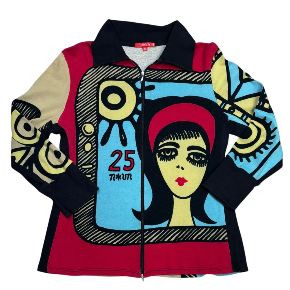 VTG Y2K Noun Paris Colourful 3/4 Sleeve 2 Way Zip Wearable Art Cardigan Sweater